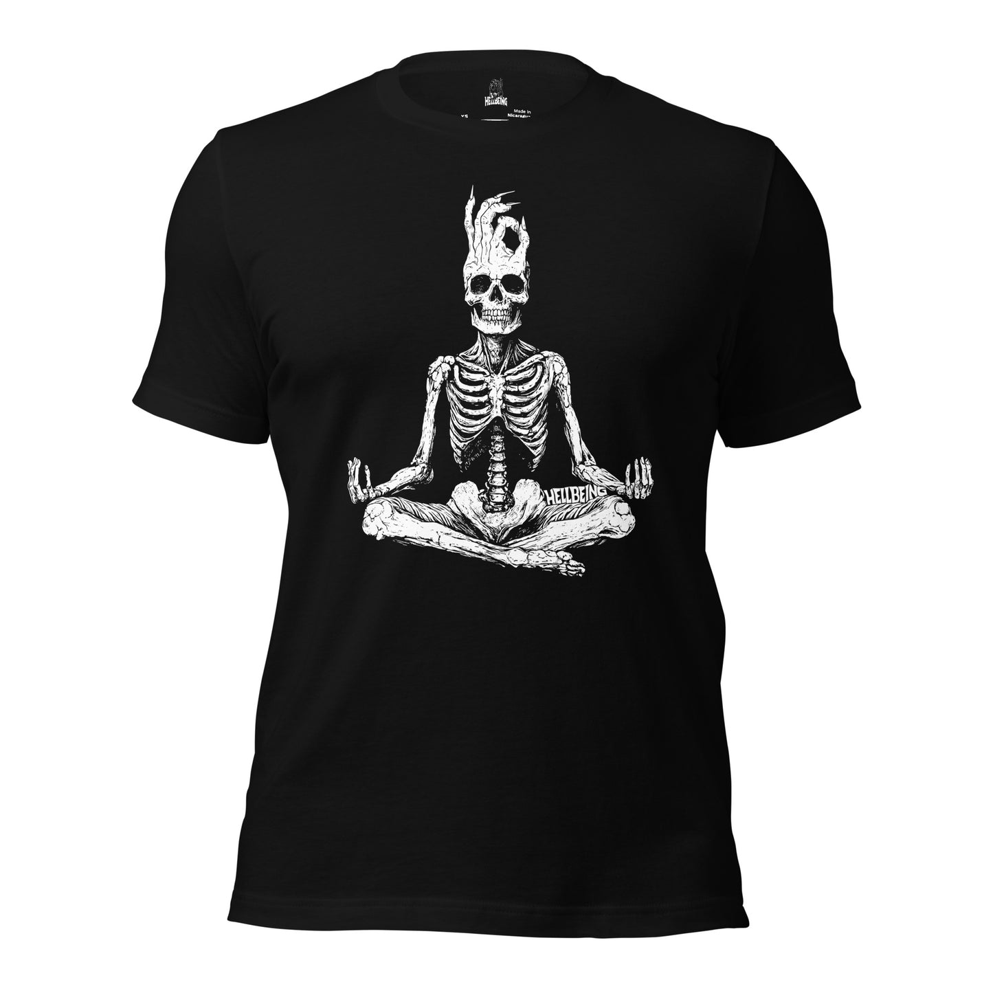 Front view of the Hellbeing Meditating skeleton unisex black t-shirt