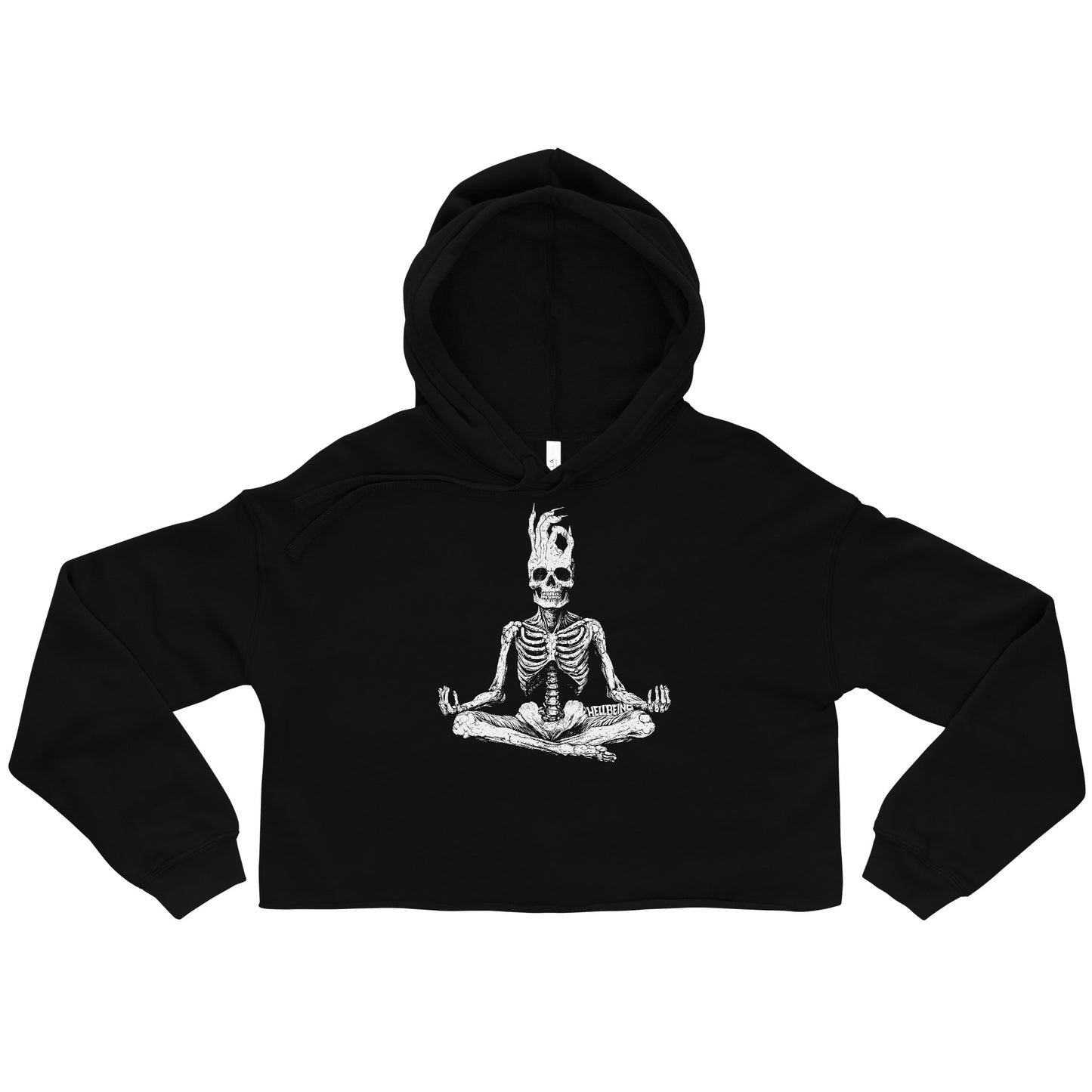 Front top view of the Hellbeing meditating skeleton black t-shirt