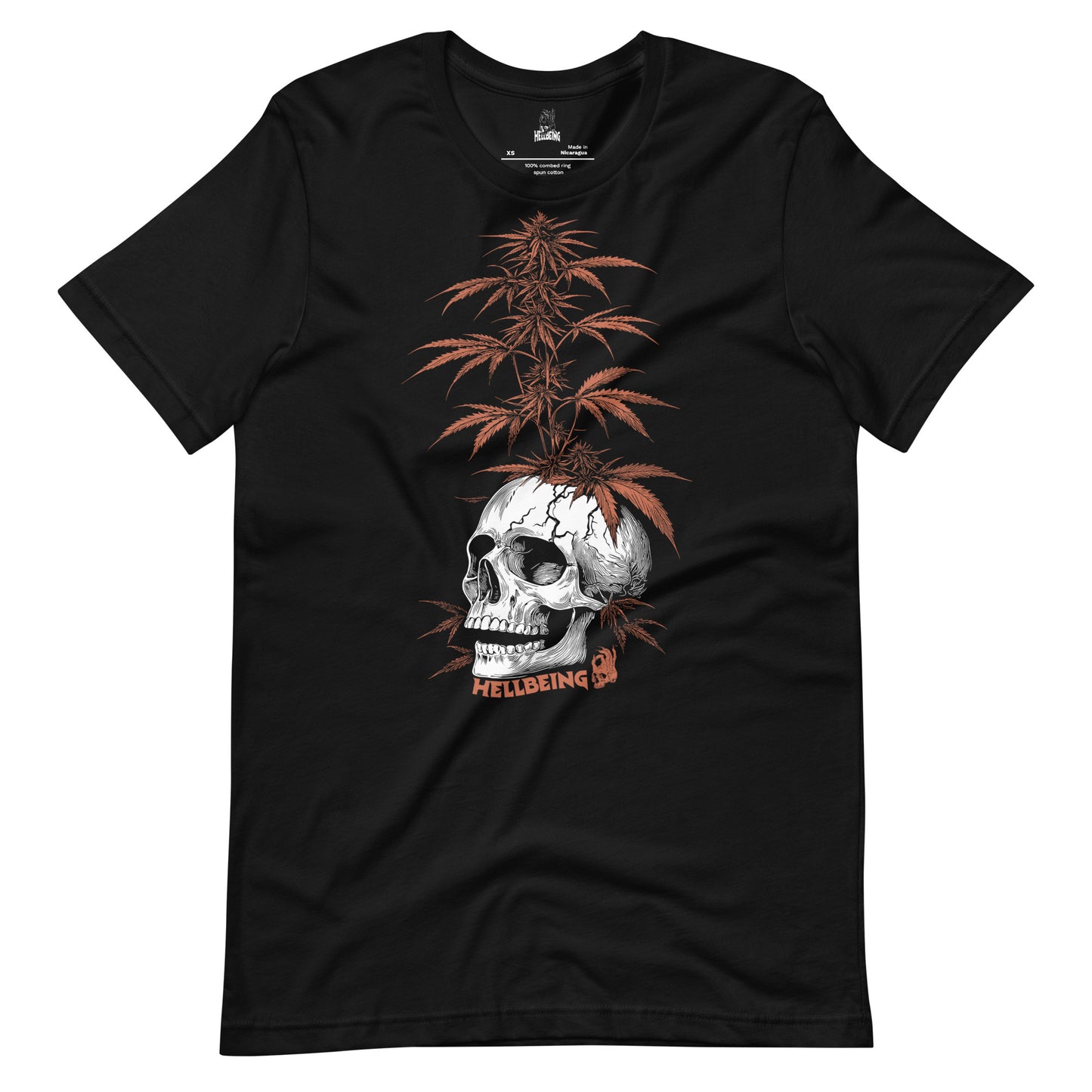 Front view of the Hellbeing cannabis skull plant black t-shirt