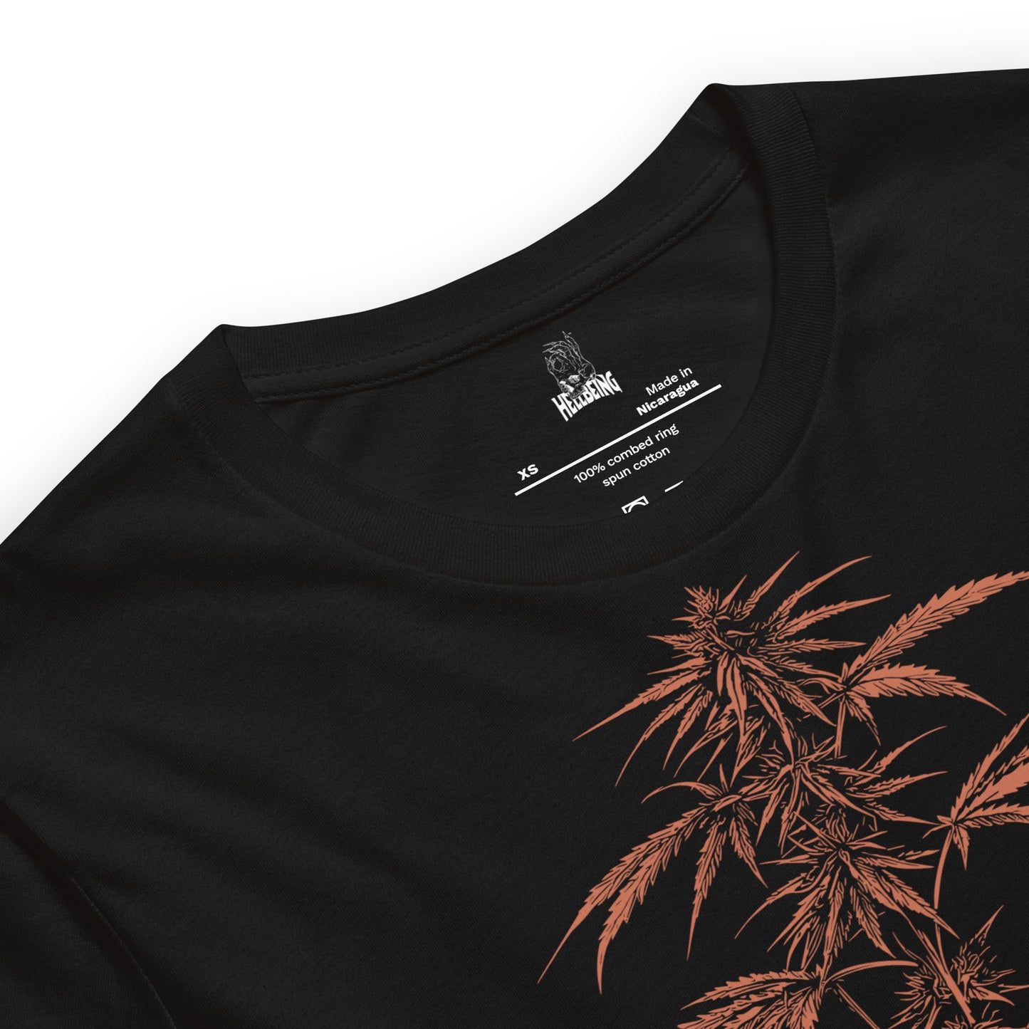 Inside label view of the Hellbeing cannabis skull plant black t-shirt