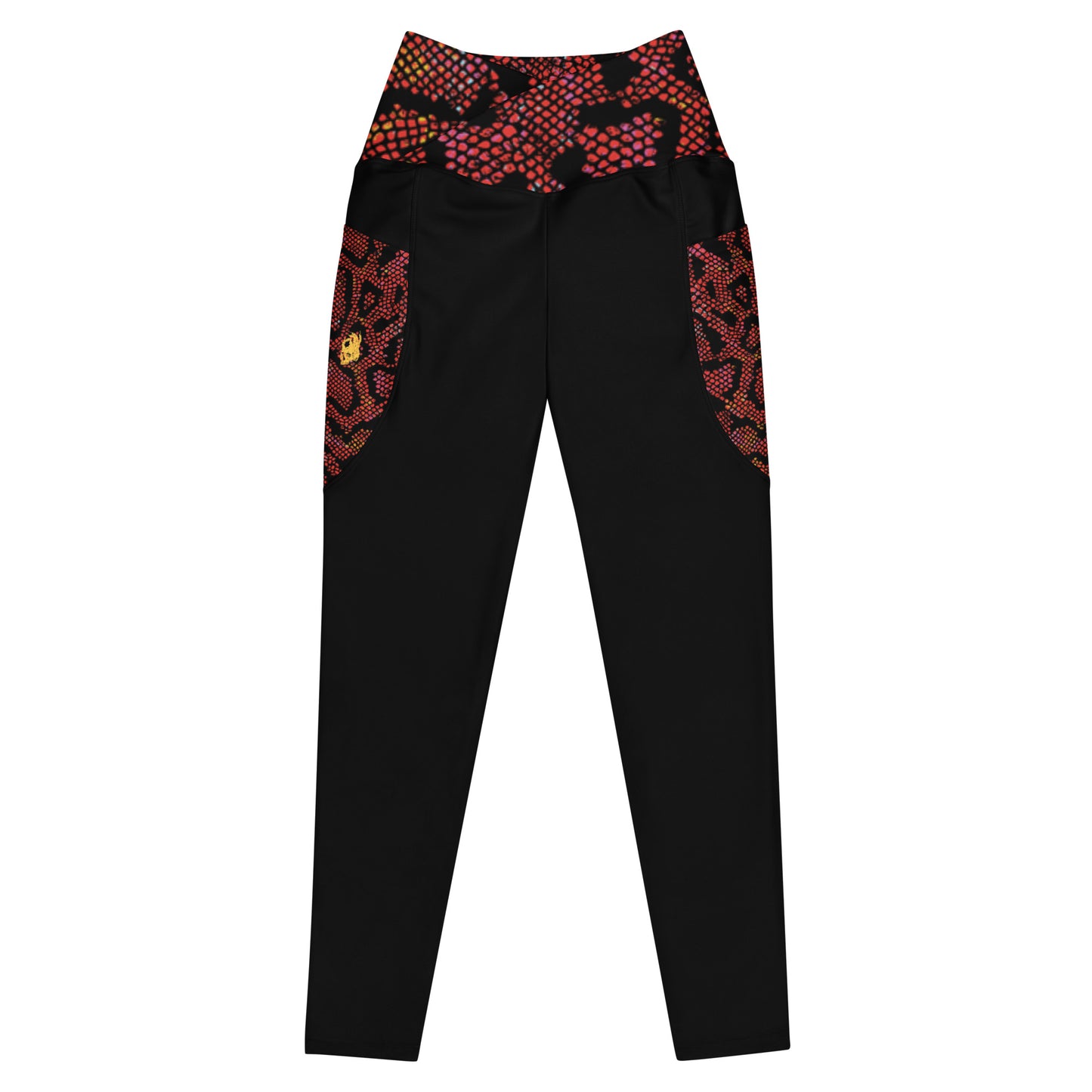 Front view of the Hellbeing recycled crossover leggings in black and burgundy snakeskin