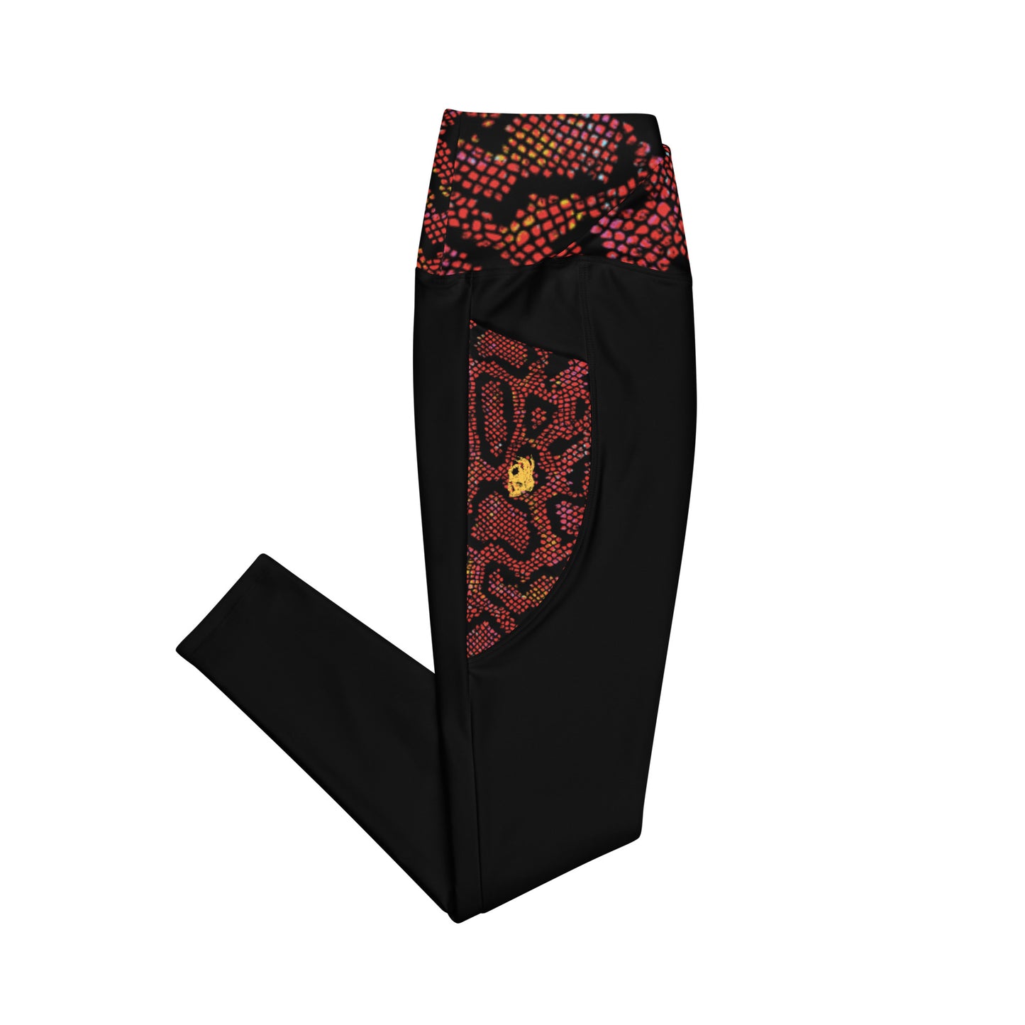 Side folded view of the Hellbeing recycled crossover leggings in black and burgundy snakeskin