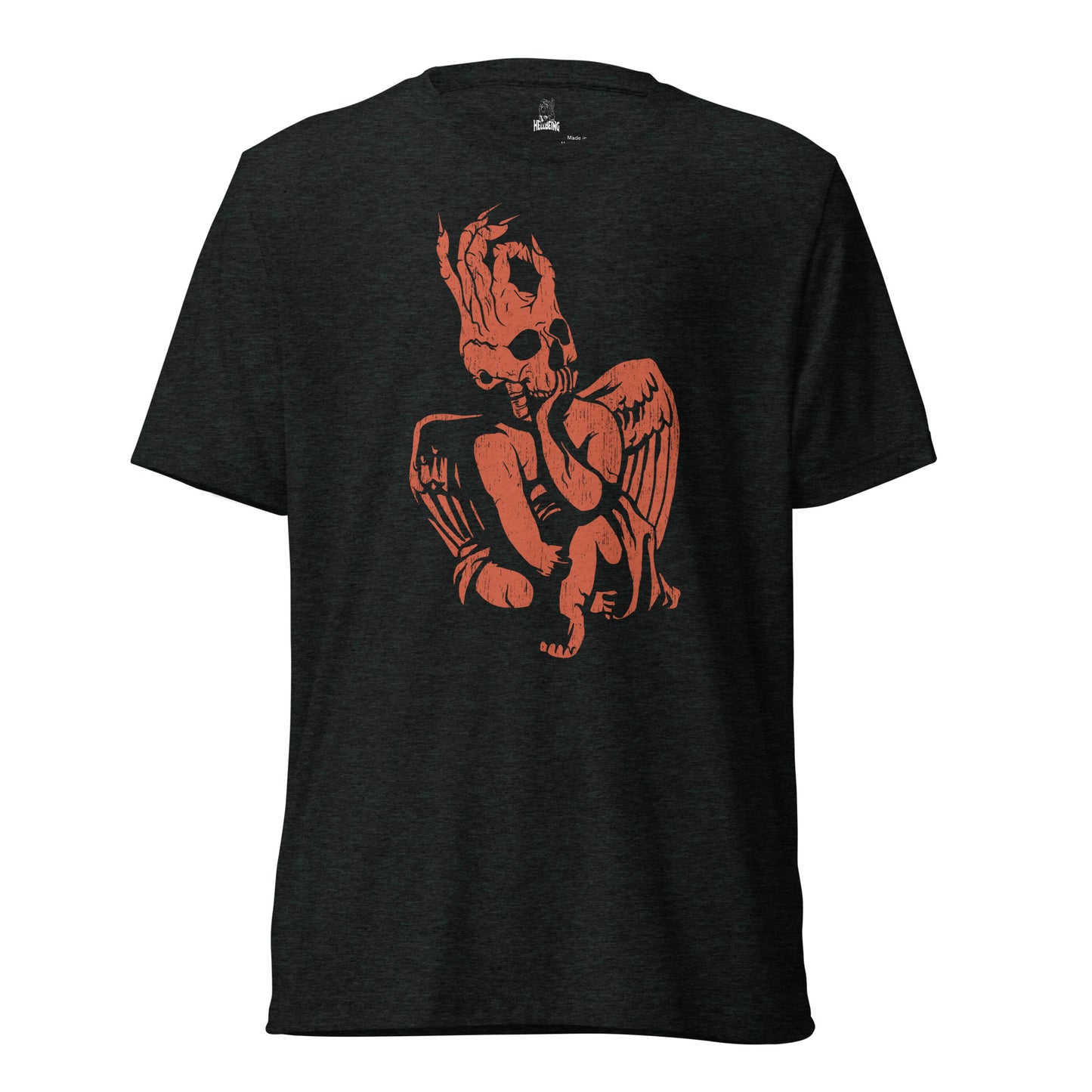 Front view of the Hellbeing red skull cherub tri-blend tshirt in black