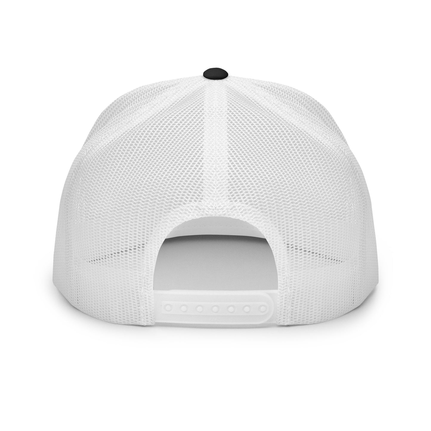 Back view of the Hellbeing skull embroidered 5 panel black and white trucker hat