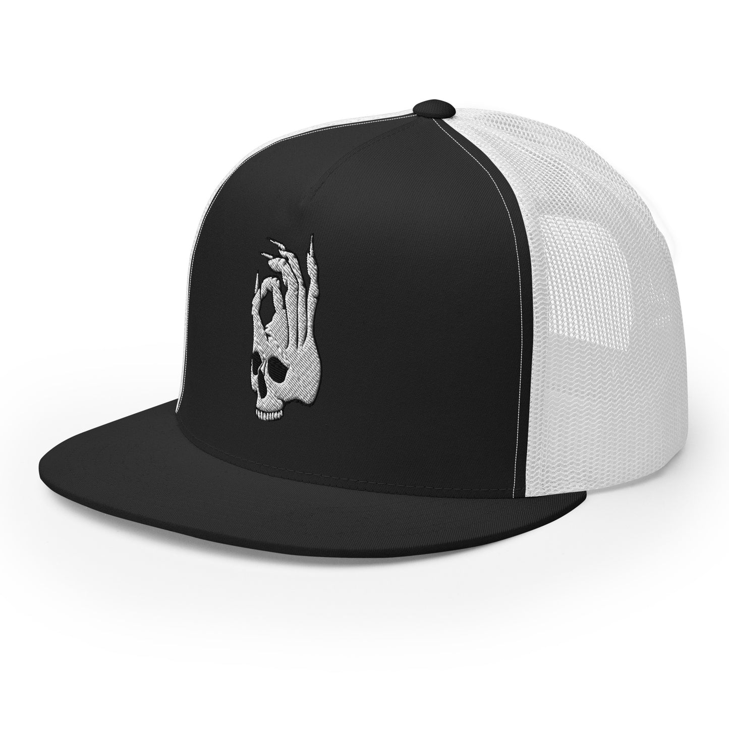 Left front view of the Hellbeing skull embroidered 5 panel black and white trucker hat