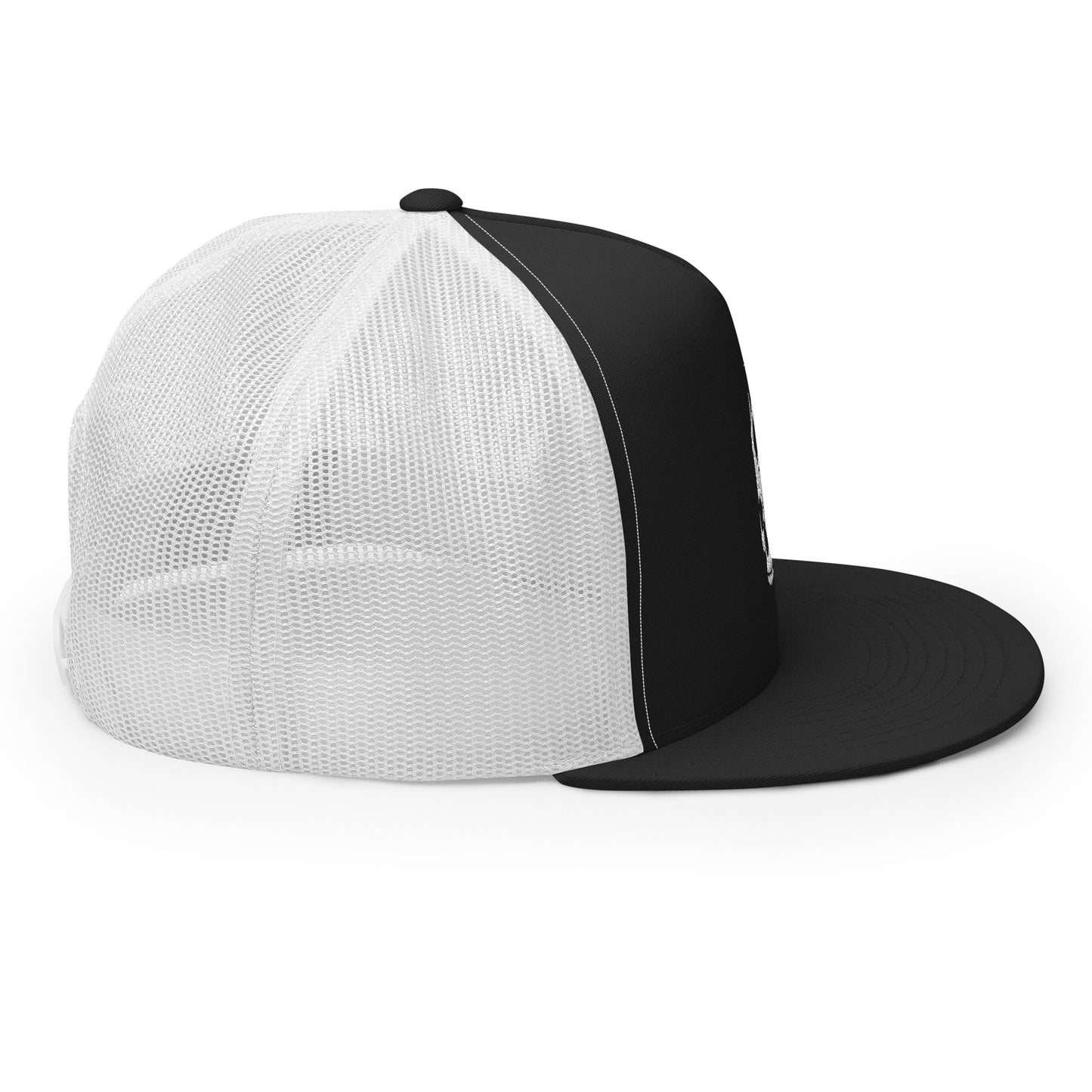 Right side view of the Hellbeing skull embroidered 5 panel black and white trucker hat