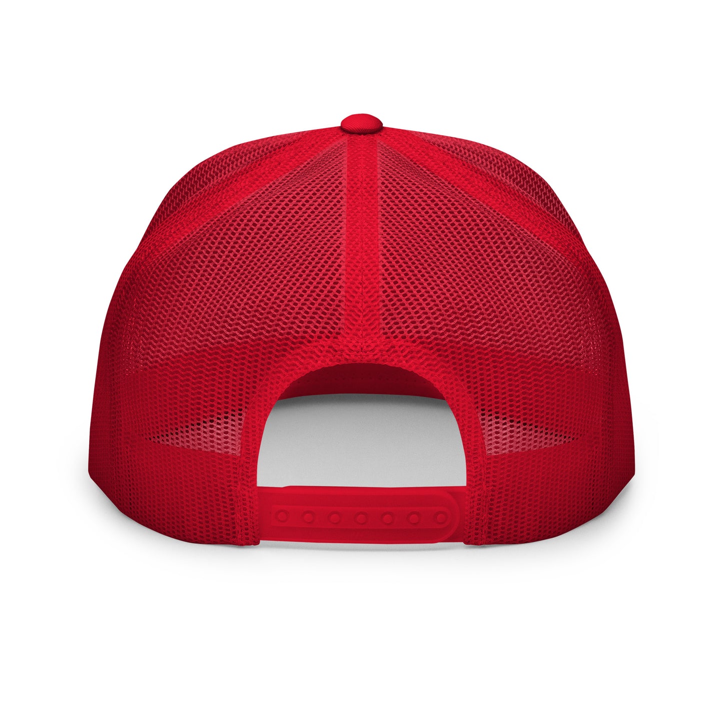 Back view of the Hellbeing skull embroidered 5 panel red and white trucker hat