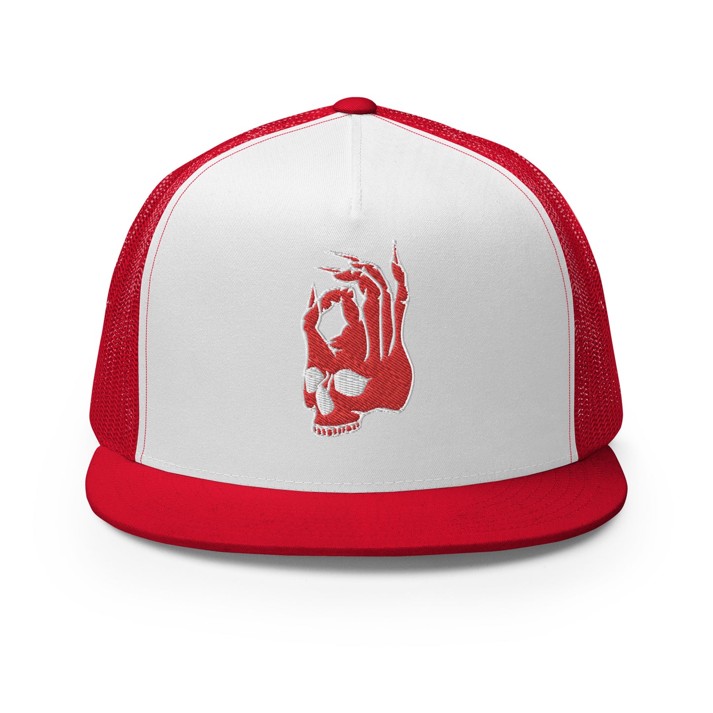 Front view of the Hellbeing skull embroidered 5 panel red and white trucker hat