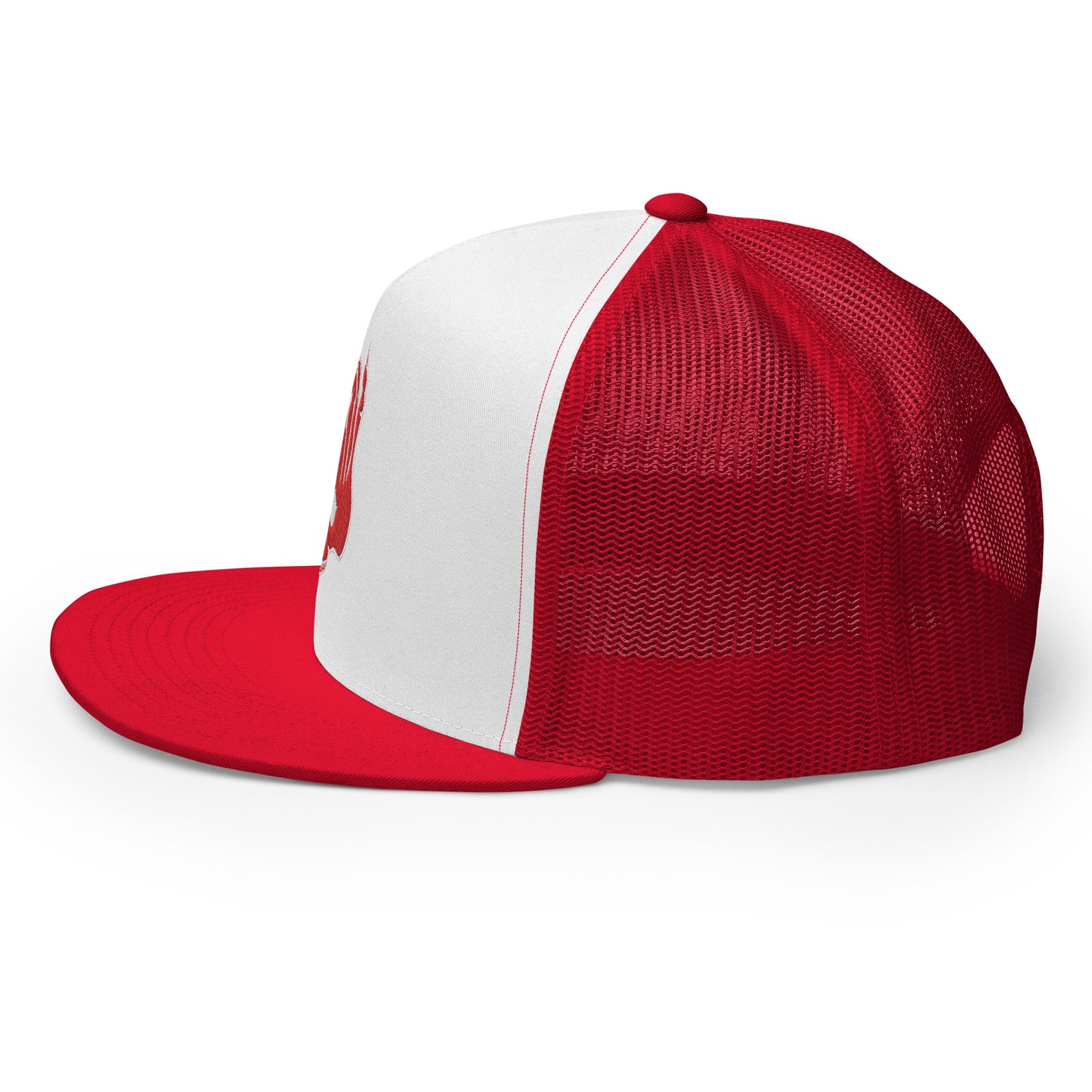 Left side view of the Hellbeing skull embroidered 5 panel red and white trucker hat