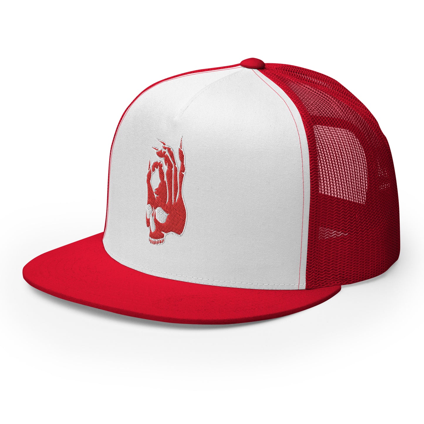 Front left view of the Hellbeing skull embroidered 5 panel red and white trucker hat