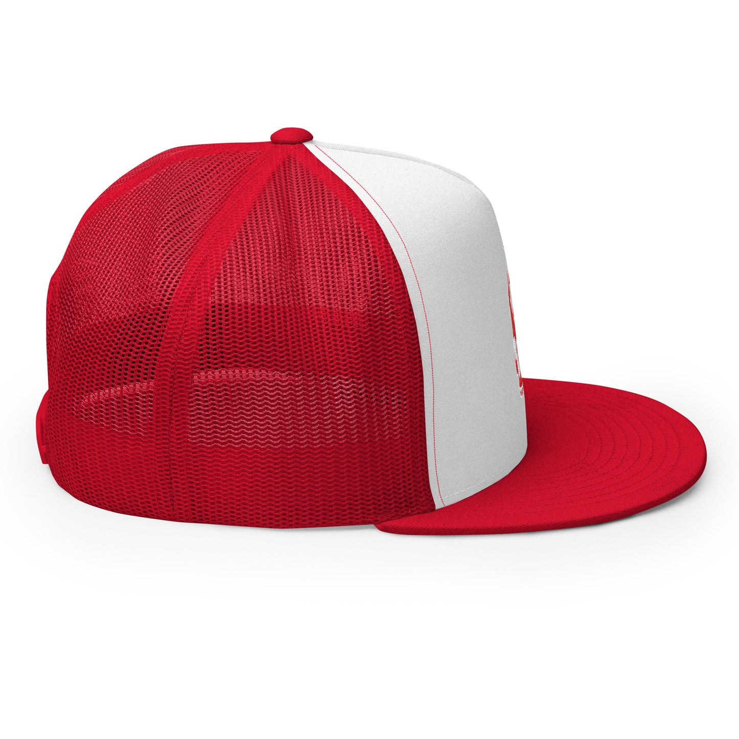 Side view of the Hellbeing skull embroidered 5 panel red and white trucker hat