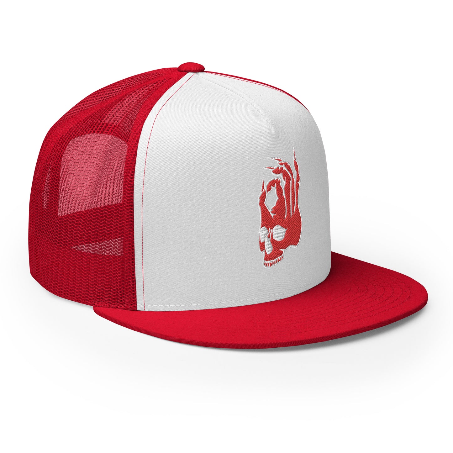 Front right view of the Hellbeing skull embroidered 5 panel red and white trucker hat