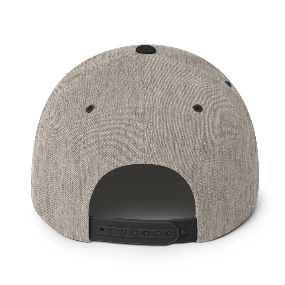Back view of the Hellbeing skull embroidered classic heather gray and black snapback hat