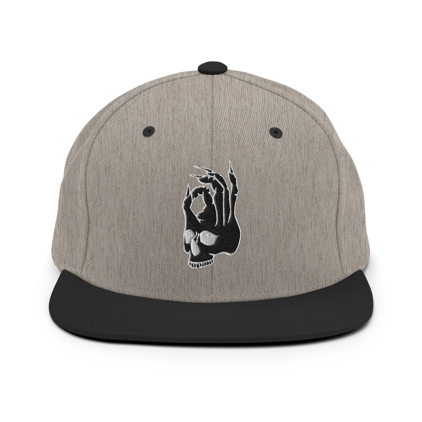 Front view of the Hellbeing skull embroidered classic heather gray and black snapback hat