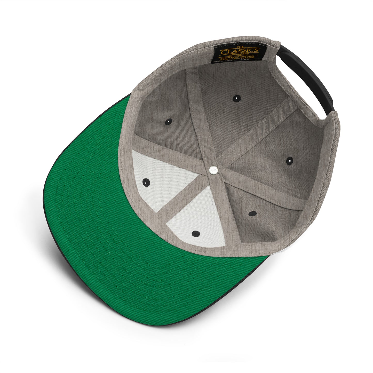 Inside view of the Hellbeing skull embroidered classic heather gray and black snapback hat
