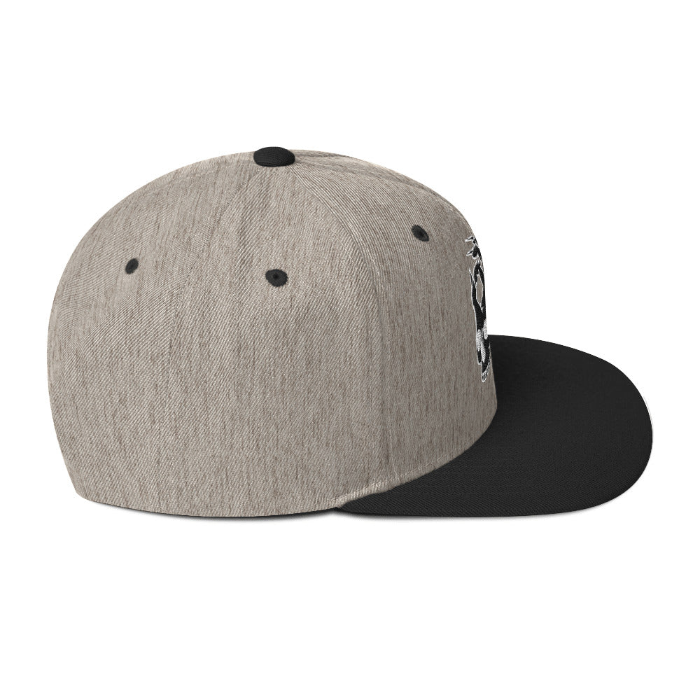 Right side view of the Hellbeing skull embroidered classic heather gray and black snapback hat
