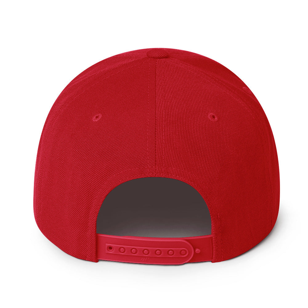 Back view of the Hellbeing skull embroidered 5 panel red trucker hat