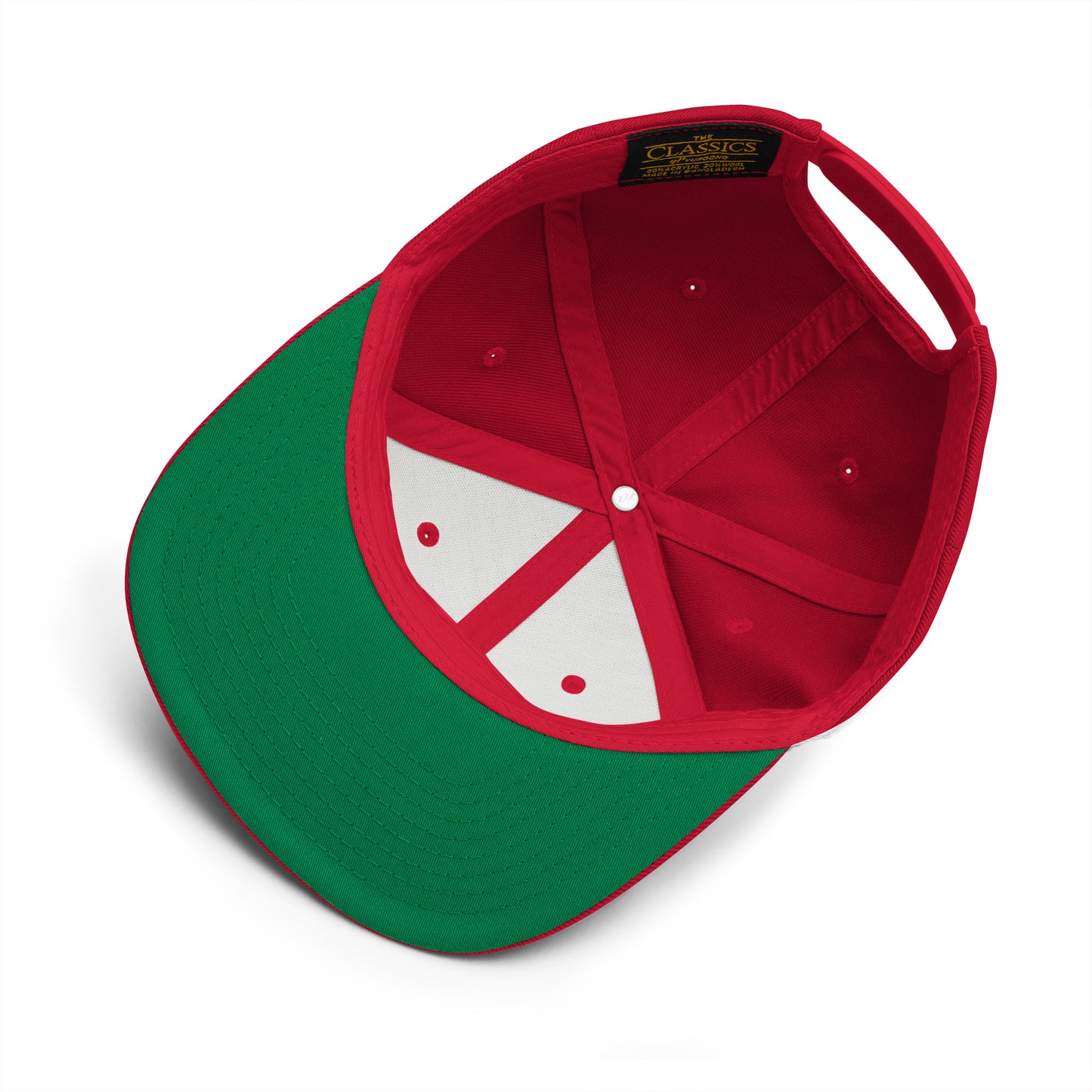Inside view of the Hellbeing skull embroidered 5 panel red trucker hat