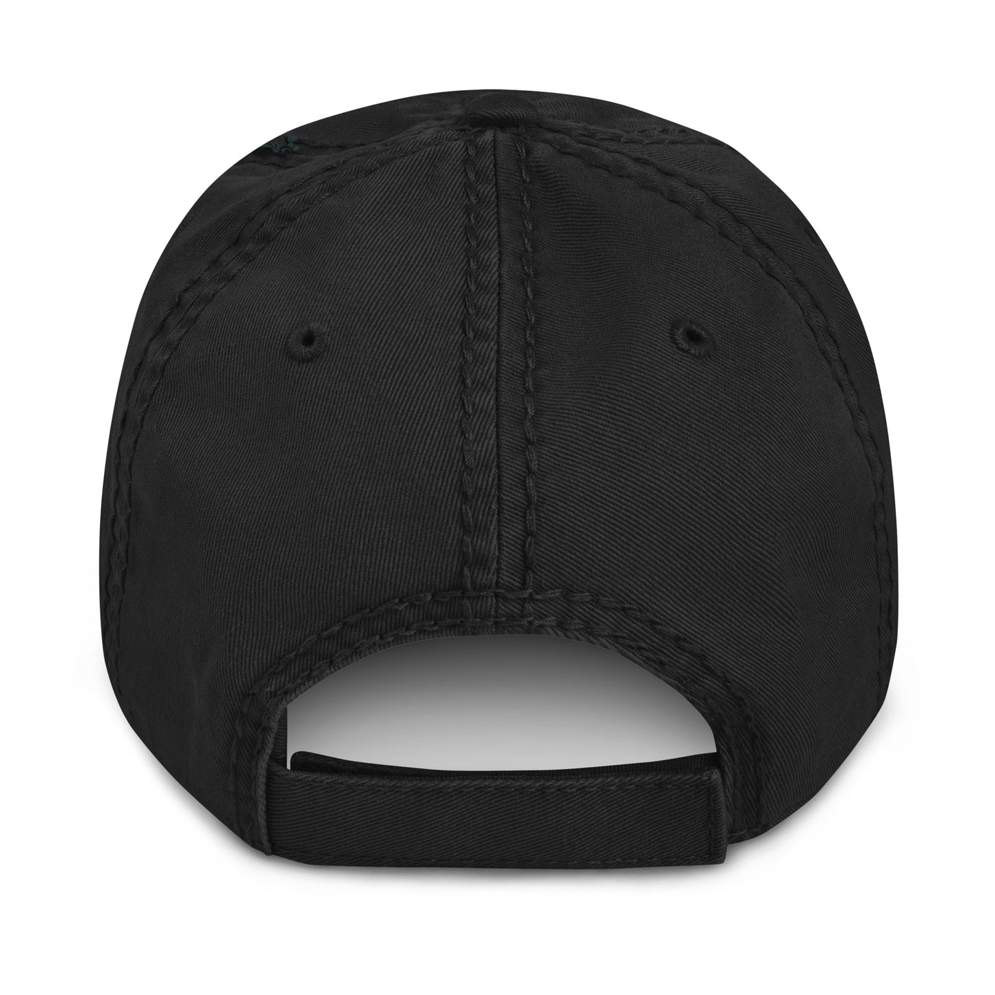 Back view of the Hellbeing skull embroidered distressed black dad hat