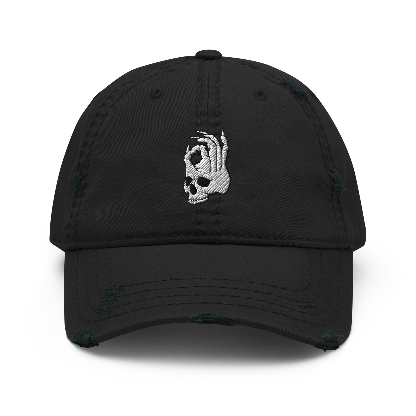Front view of the Hellbeing skull embroidered distressed black dad hat