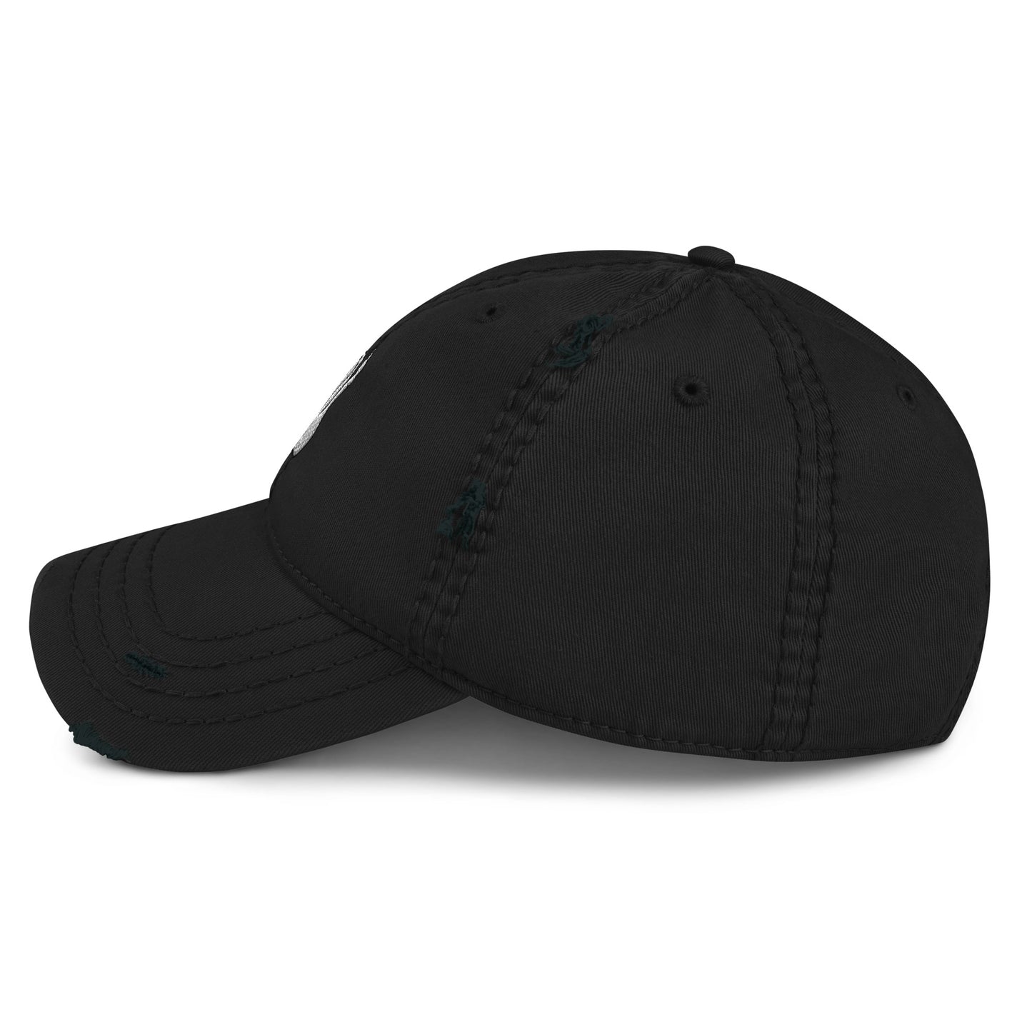 Sideview of the Hellbeing skull embroidered distressed black dad hat