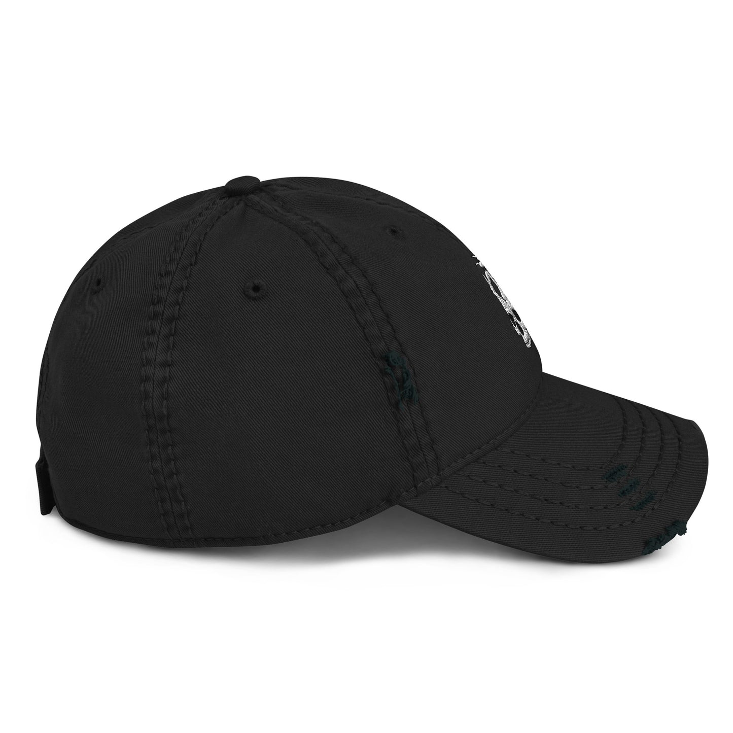 Side view of the Hellbeing skull embroidered distressed black dad hat