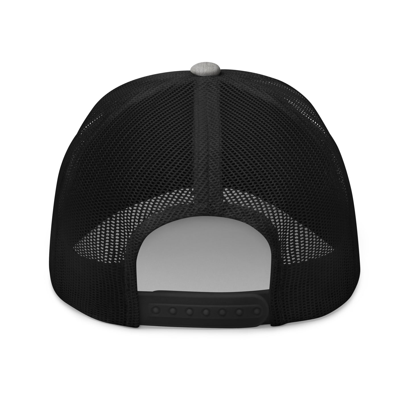 Back view of the Hellbeing skull embroidered retro heather gray and black trucker hat