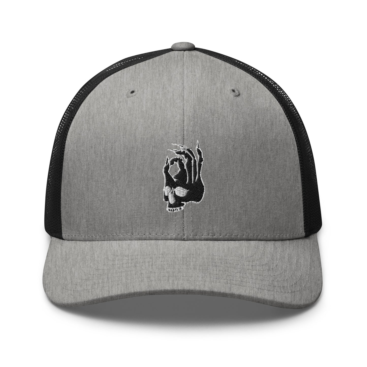 Front view of the Hellbeing skull embroidered retro heather gray and black trucker hat