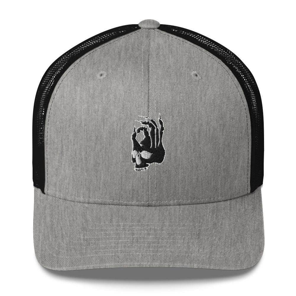 Front view of the Hellbeing skull embroidered retro heather gray and black trucker hat