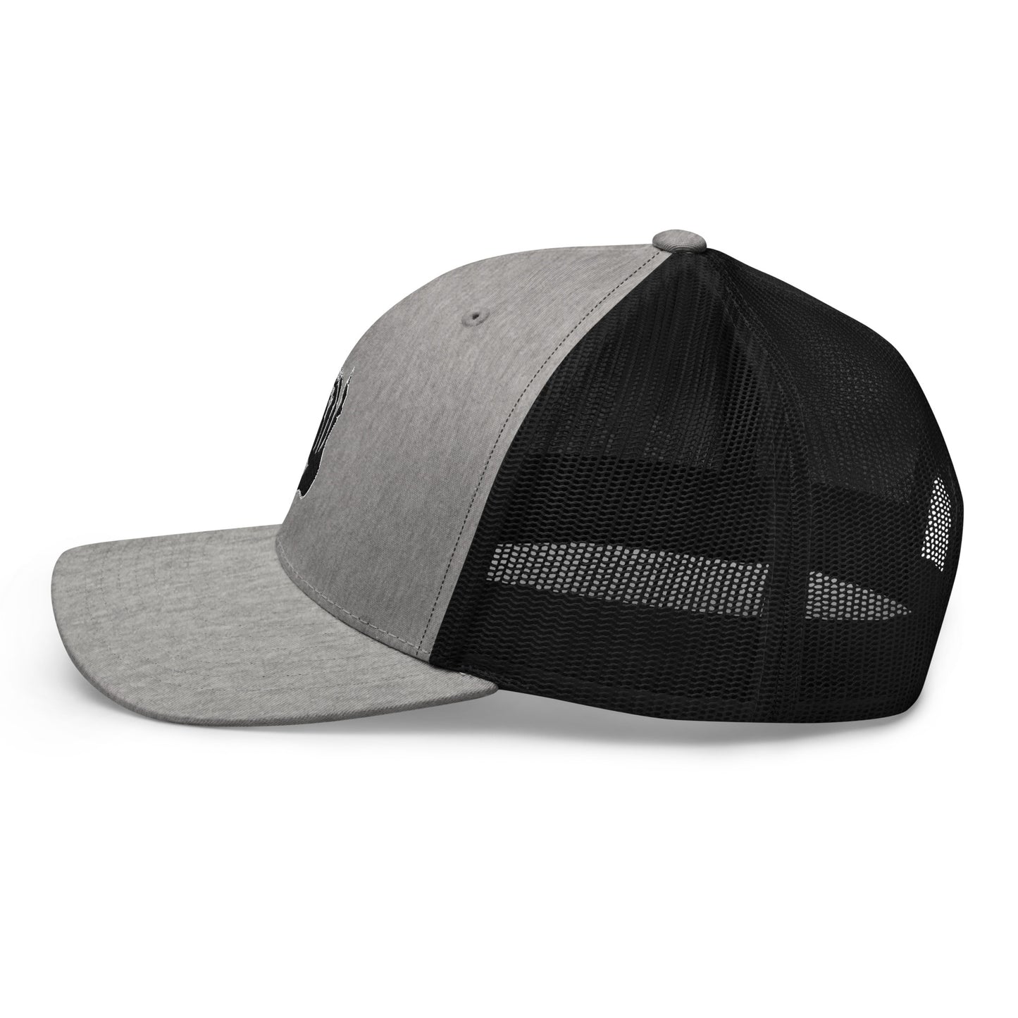 Left side view of the Hellbeing skull embroidered retro heather gray and black trucker hat