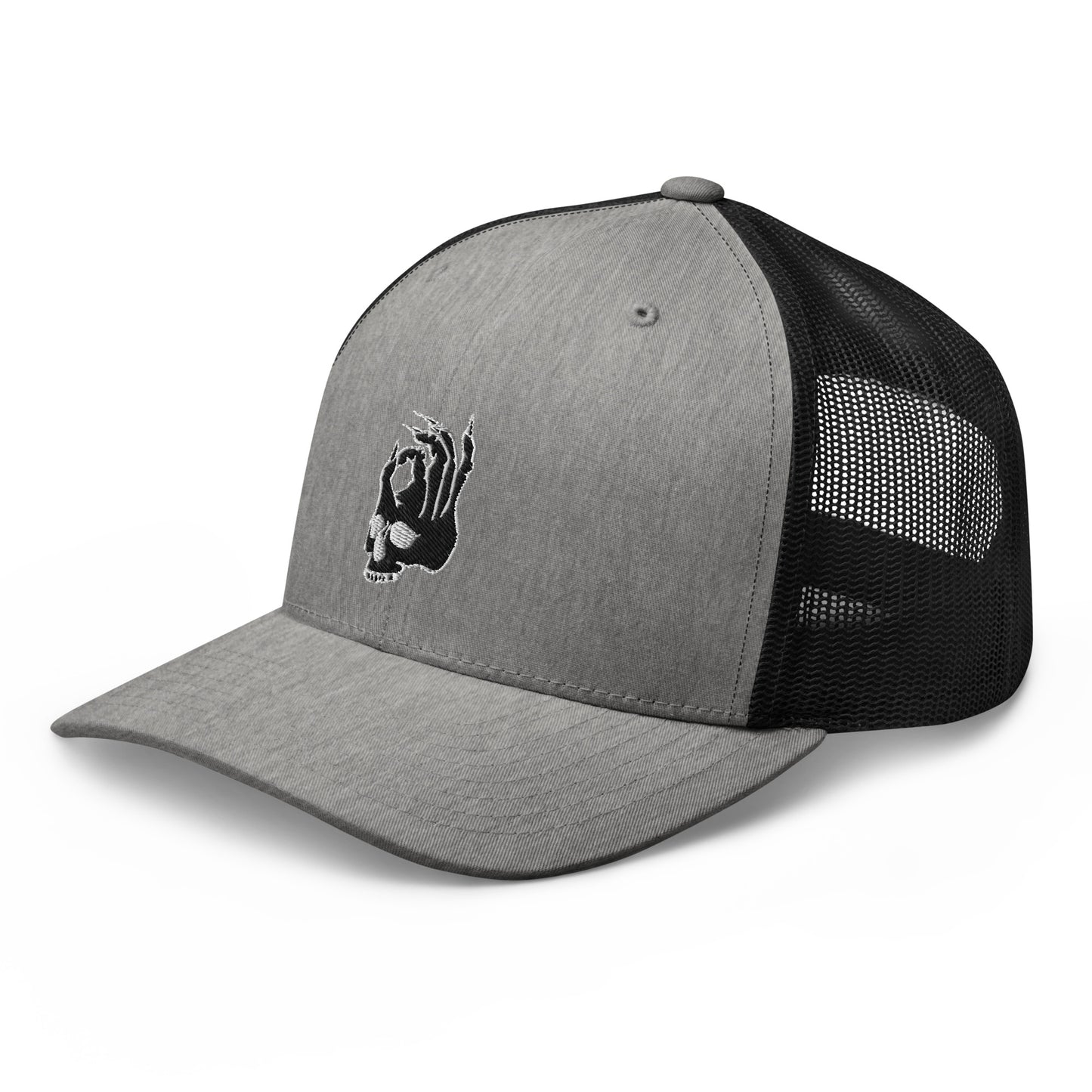 Front left view of the Hellbeing skull embroidered retro heather gray and black trucker hat
