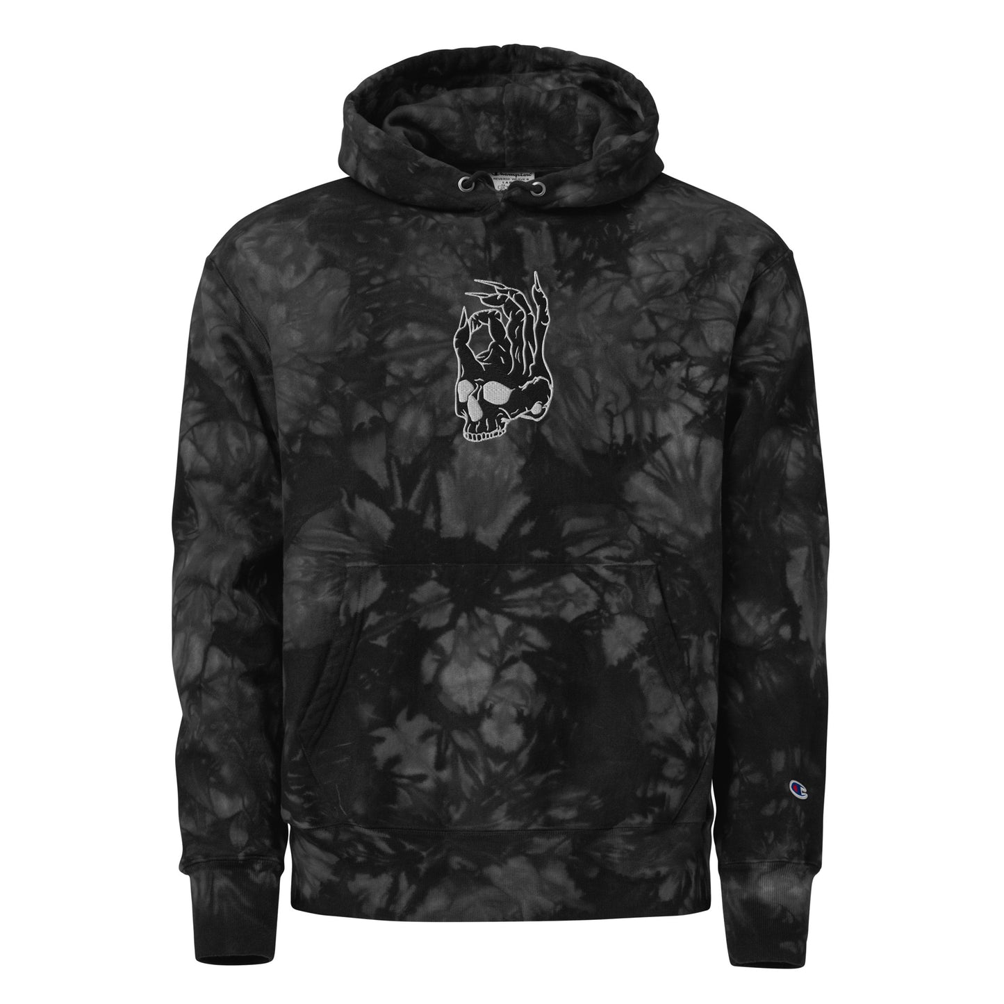 Front view of the Hellbeing skull embroidered premium Champion black tie dye hoodie