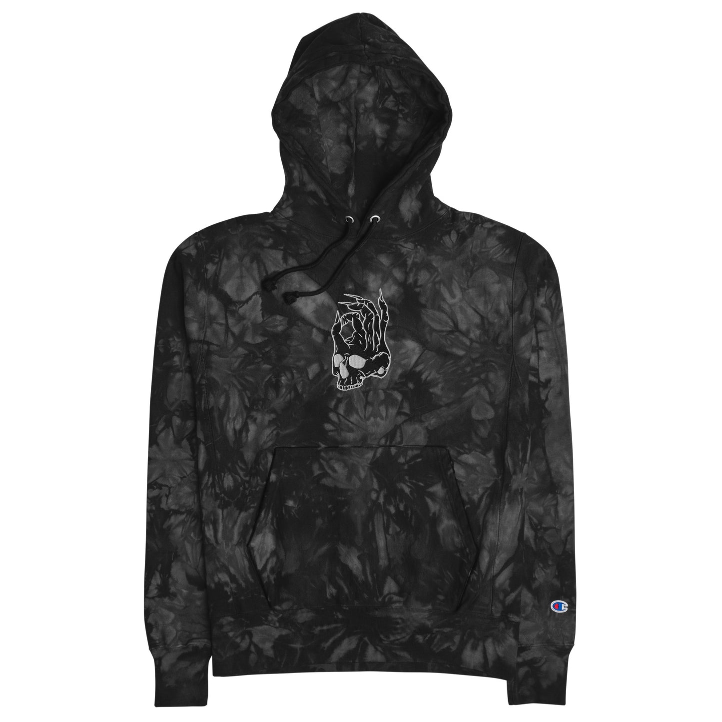 Front view of the Hellbeing skull embroidered premium Champion black tie dye hoodie