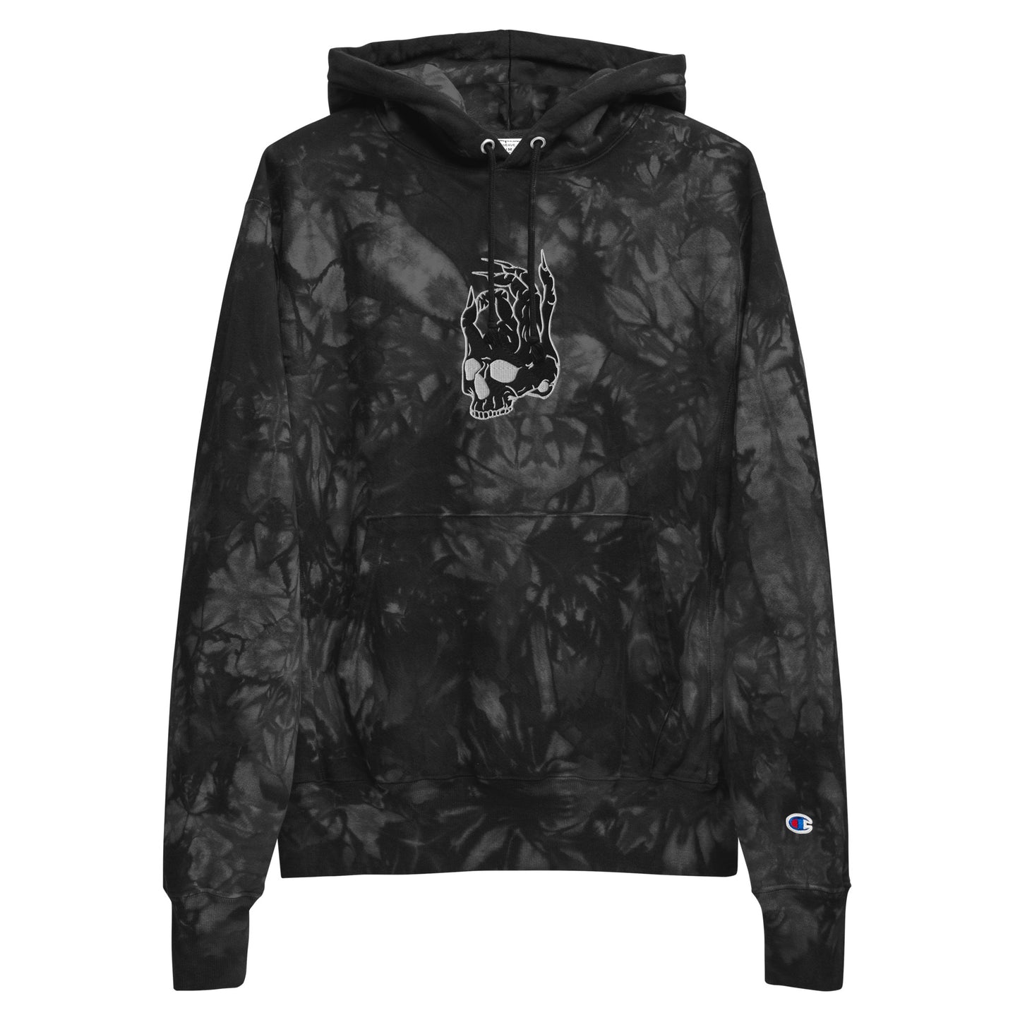Front view of the Hellbeing skull embroidered premium Champion black tie dye hoodie