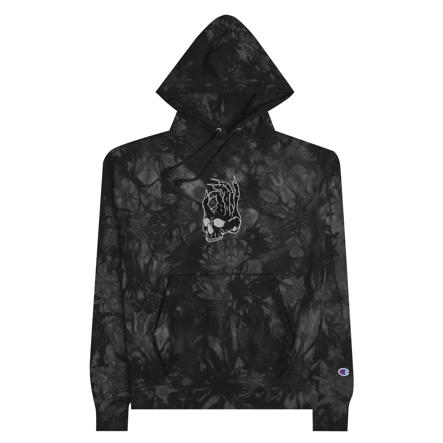Front view of the Hellbeing skull embroidered premium Champion black tie dye hoodie