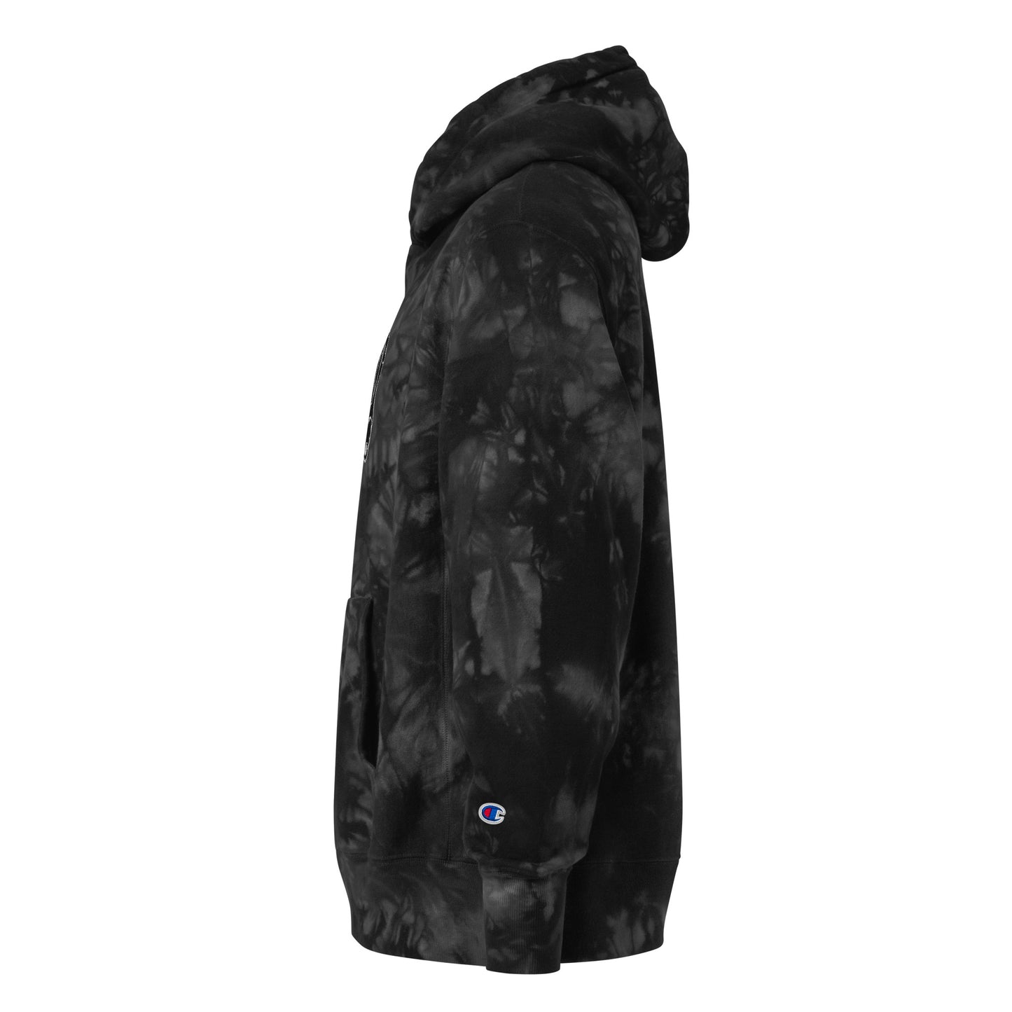 Left side view of the Hellbeing skull embroidered premium Champion black tie dye hoodie