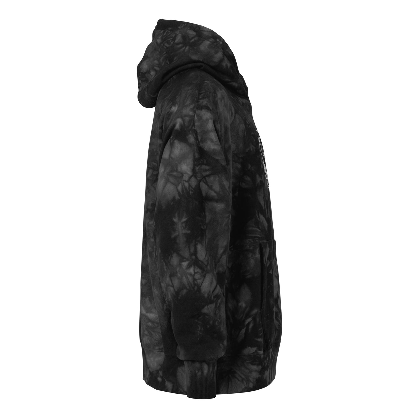 Right side view of the Hellbeing skull embroidered premium Champion black tie dye hoodie