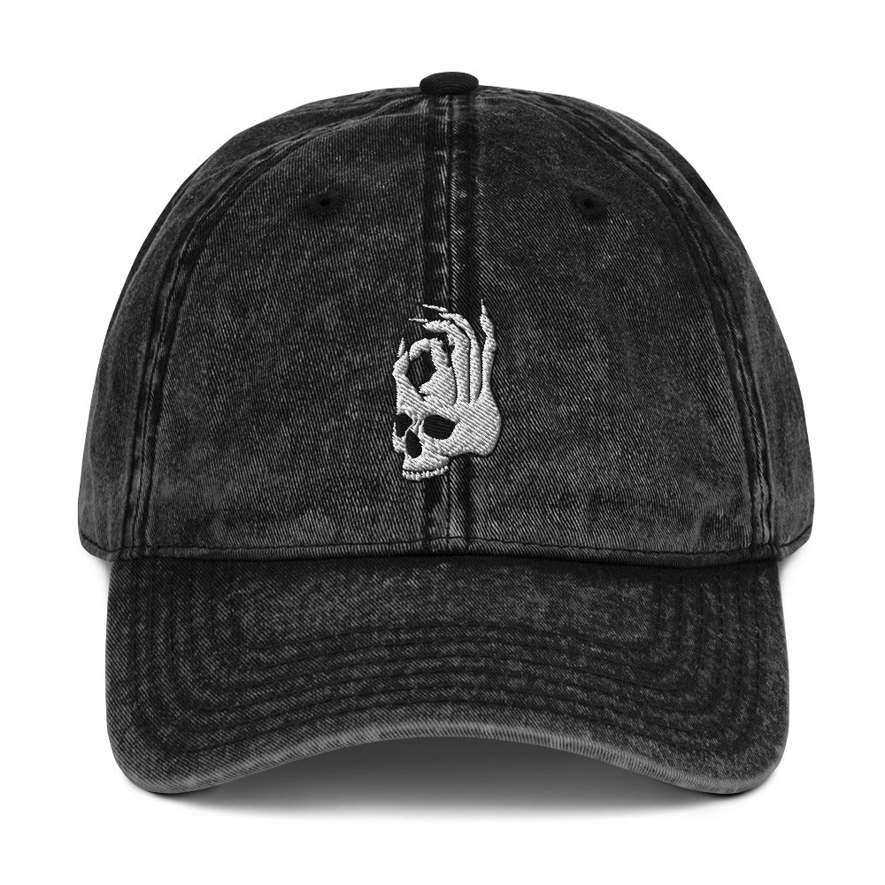 Front view of the Hellbeing skull embroidered vintage black hat