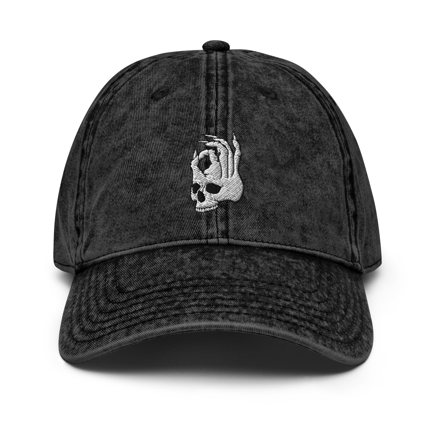 Front view of the Hellbeing skull embroidered vintage black hat