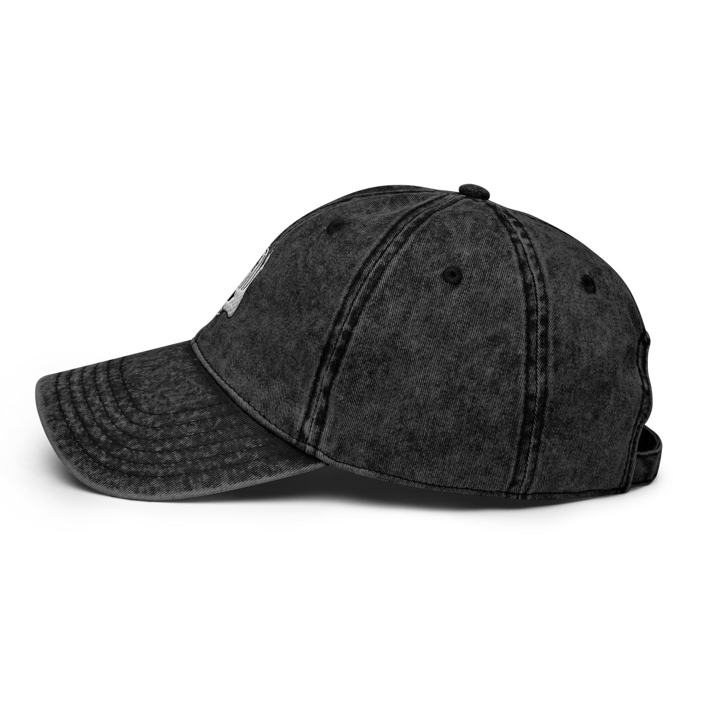 Side view of the Hellbeing skull embroidered vintage black cap