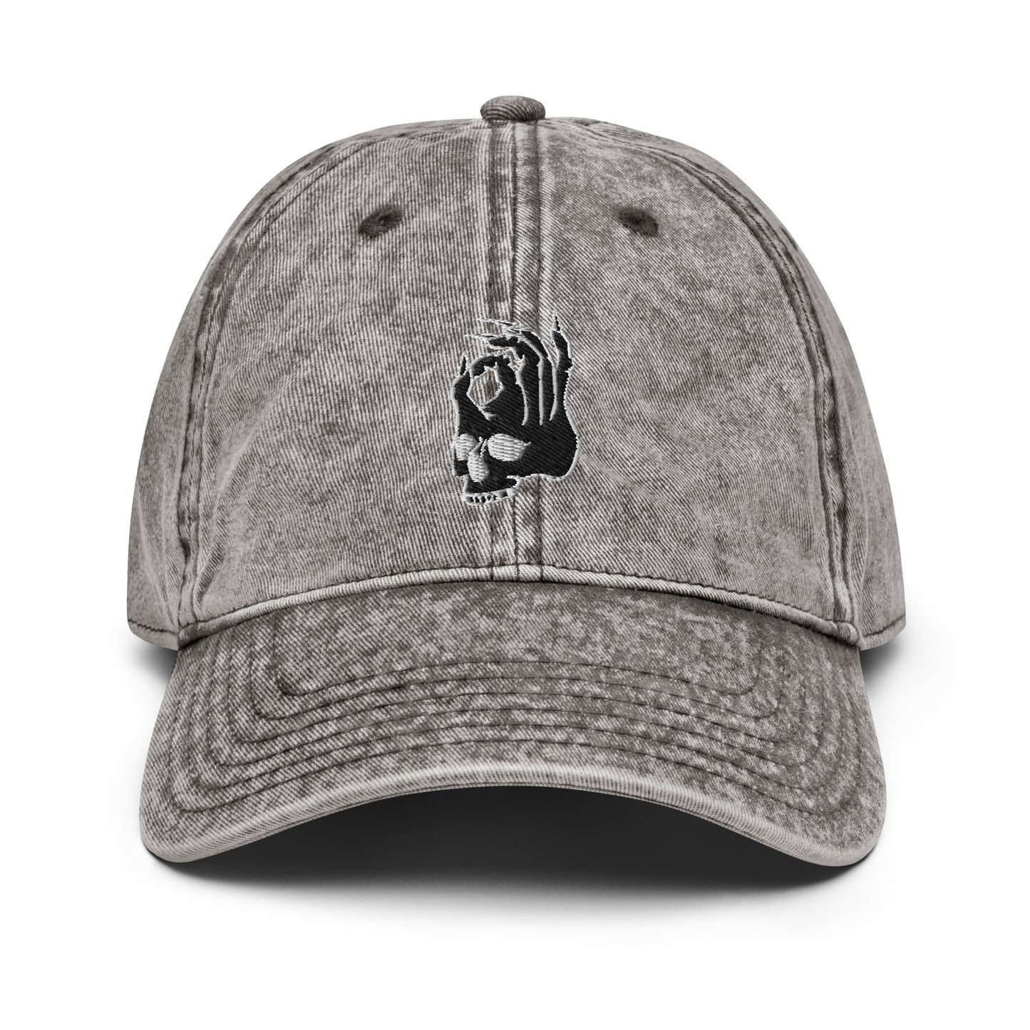 Front view of the Hellbeing skull embroidered vintage gray cap