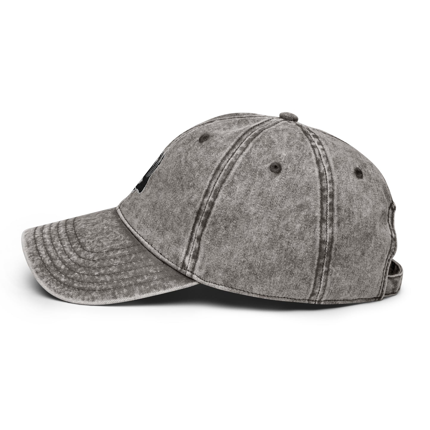Side view of the Hellbeing skull embroidered vintage gray cap