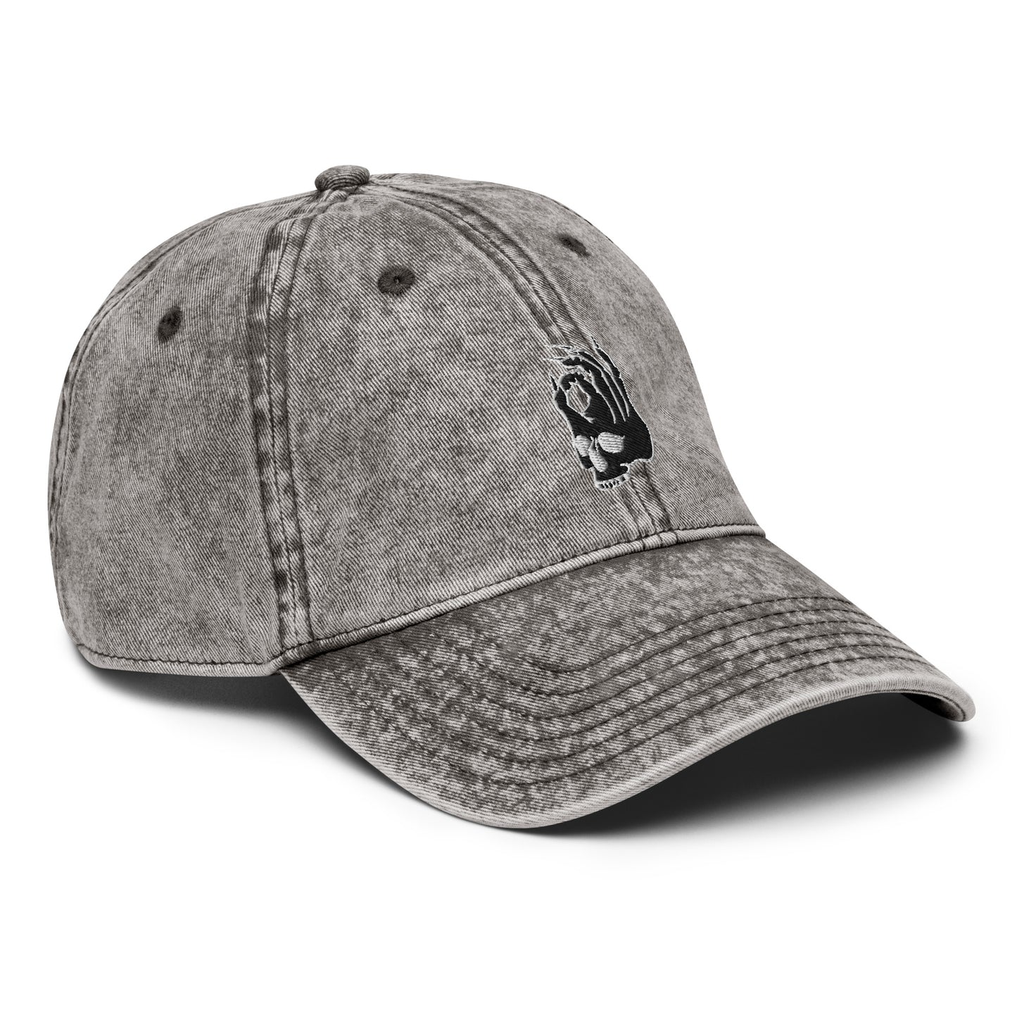 Right front view of the Hellbeing skull embroidered vintage gray cap