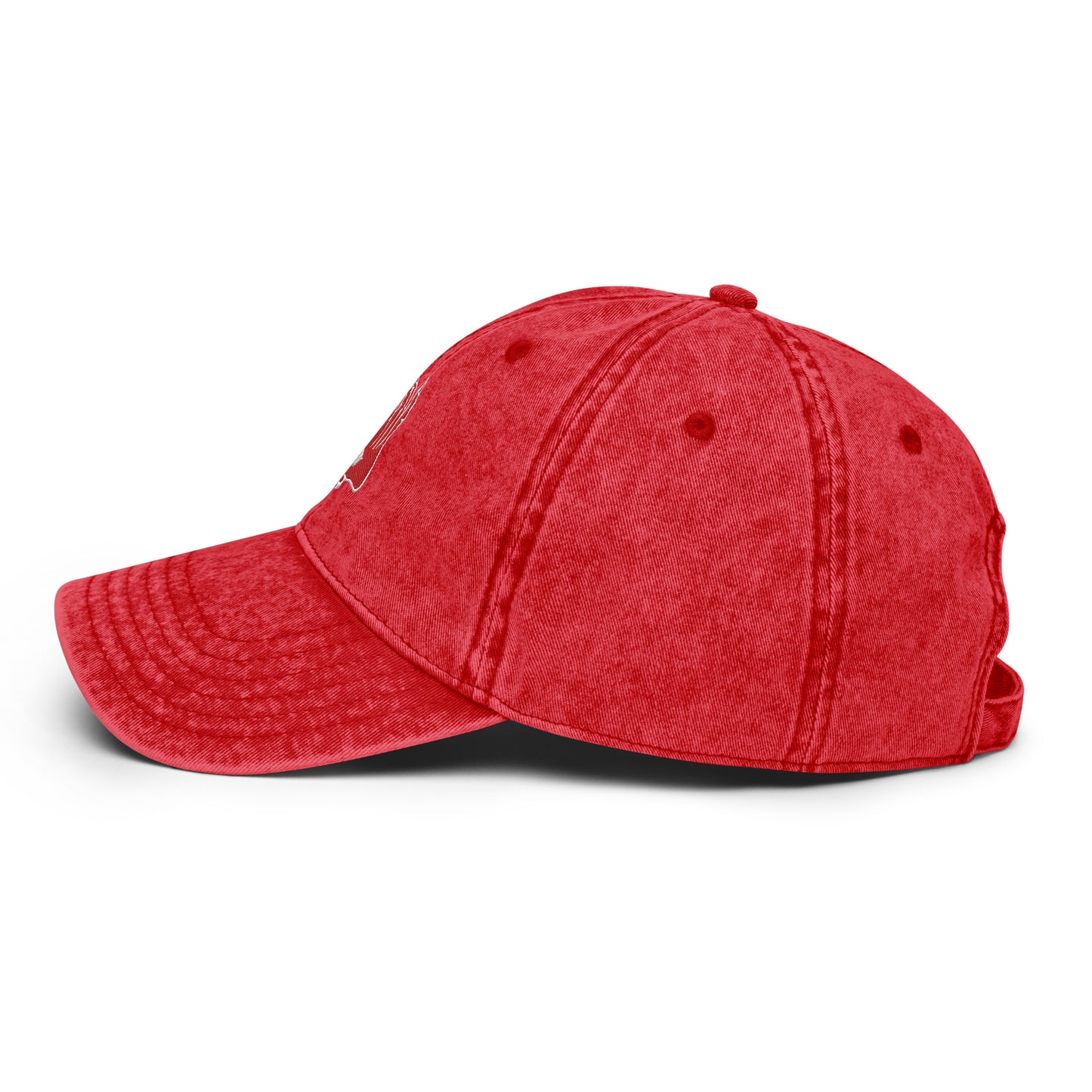 Side view of the Hellbeing skull embroidered vintage red cap