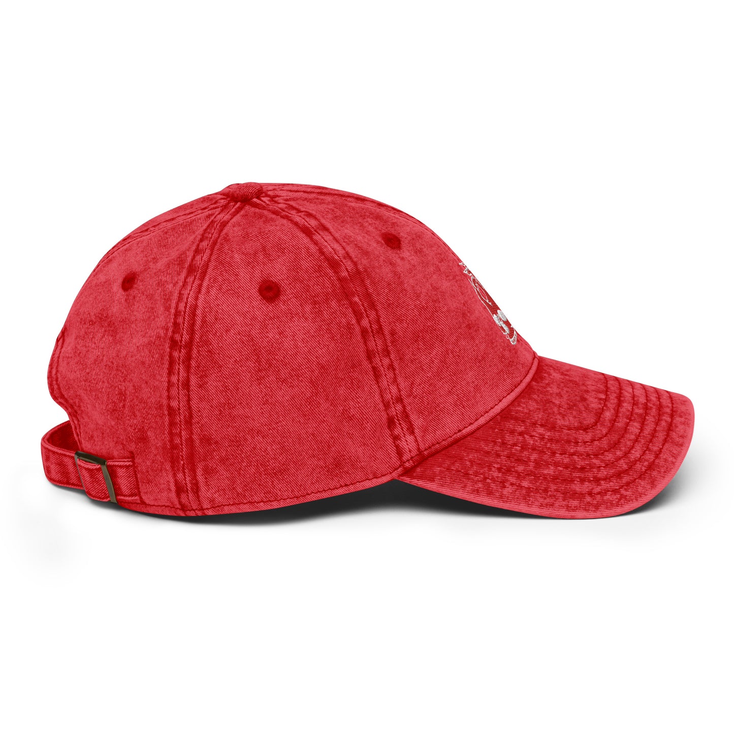Side view of the Hellbeing skull embroidered vintage red cap