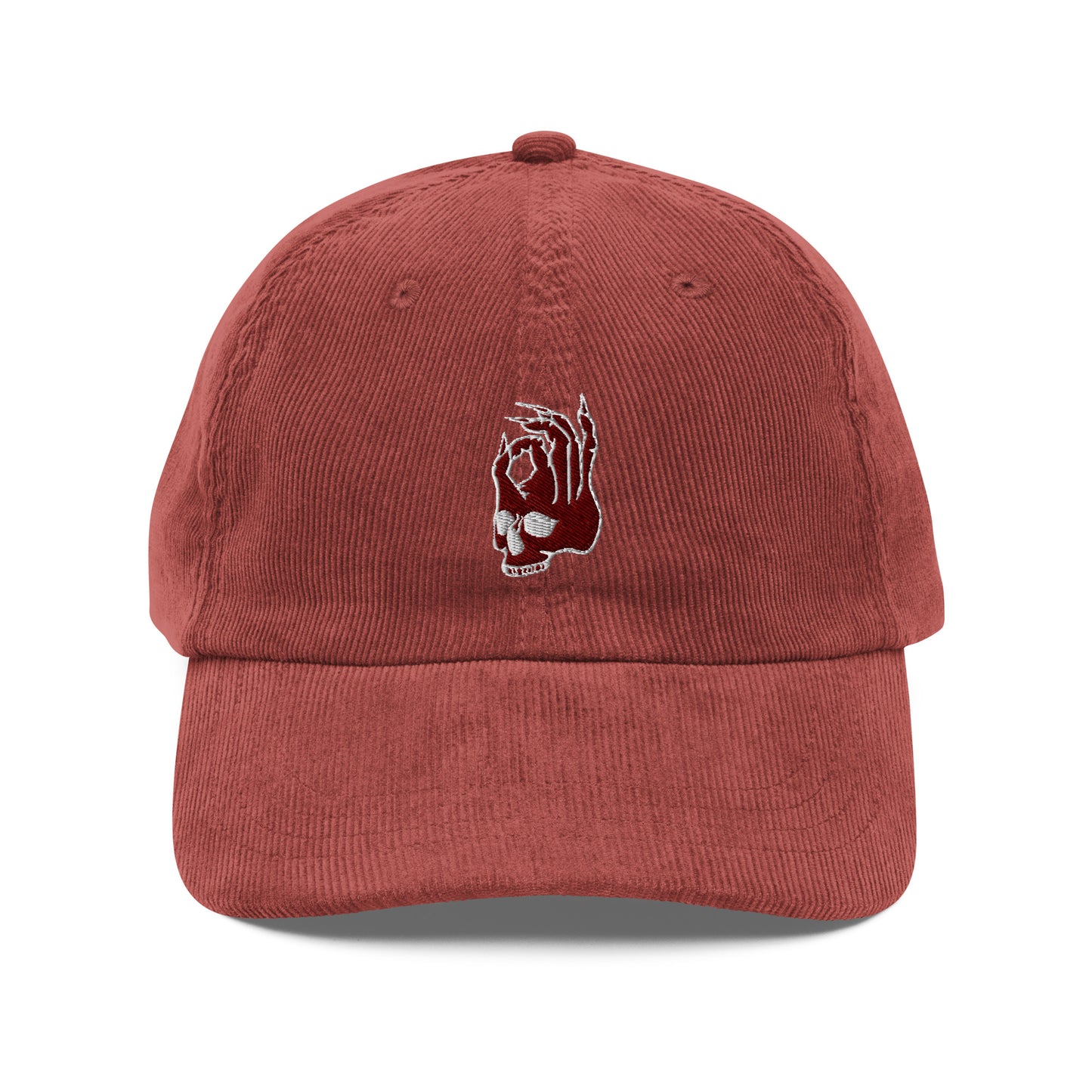 Front view of the Hellbeing skull embroidered skull vintage burgundy corduroy hat