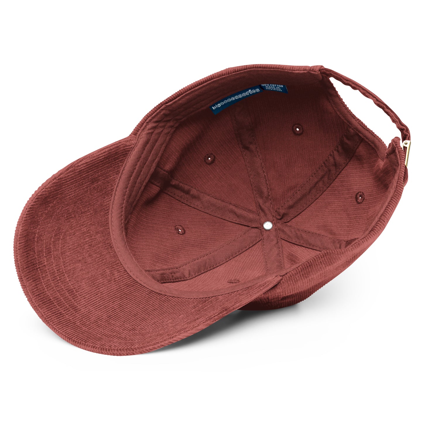 Inside view of the Hellbeing skull embroidered skull vintage burgundy corduroy hat