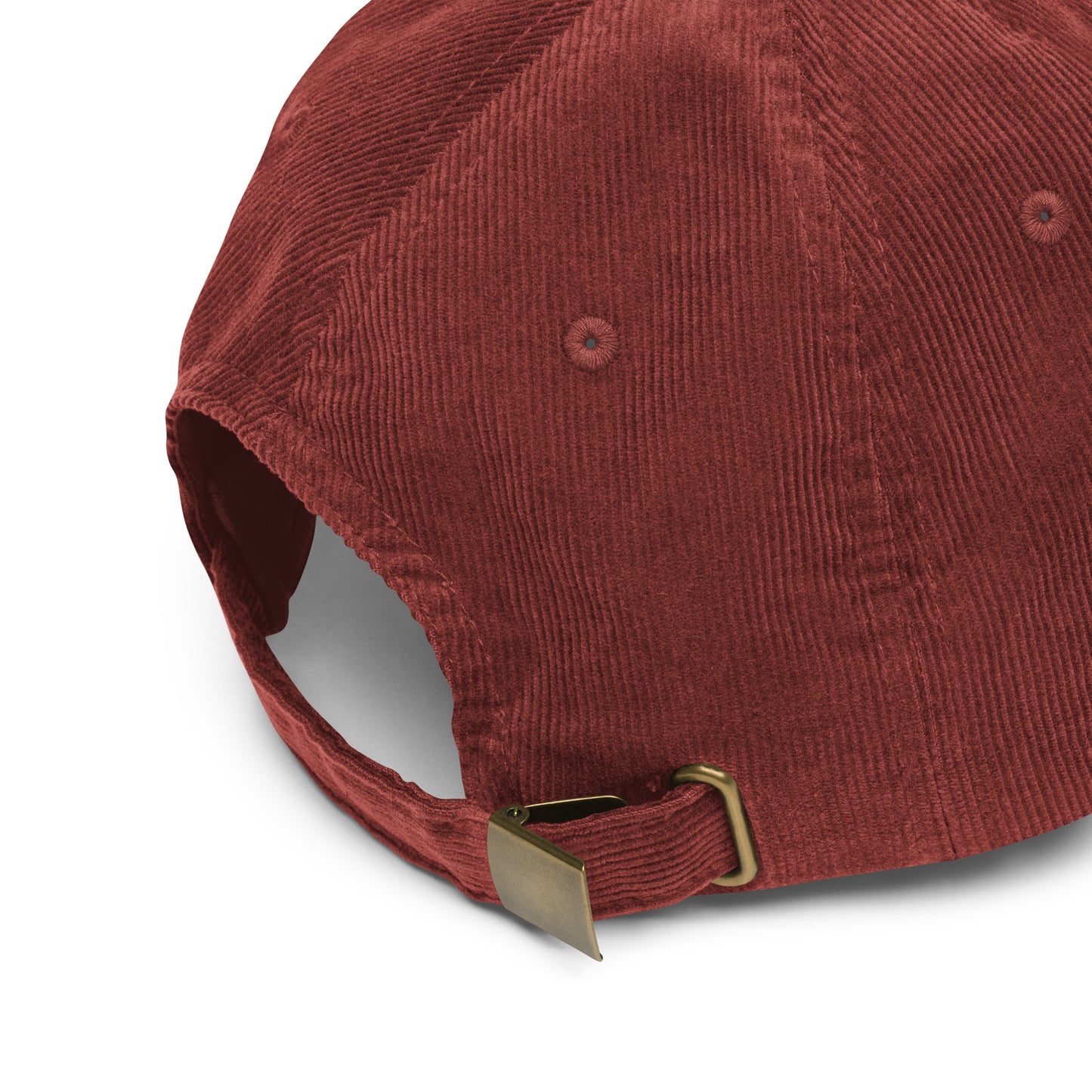 Back enclosure view of the Hellbeing skull embroidered skull vintage burgundy corduroy hat