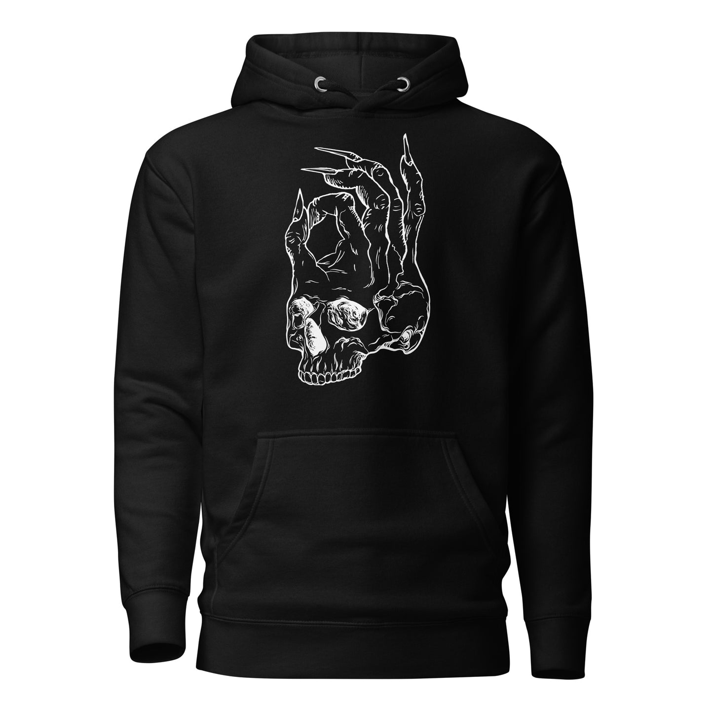 Front view of the Hellbeing skull Logo premium hoodie in black