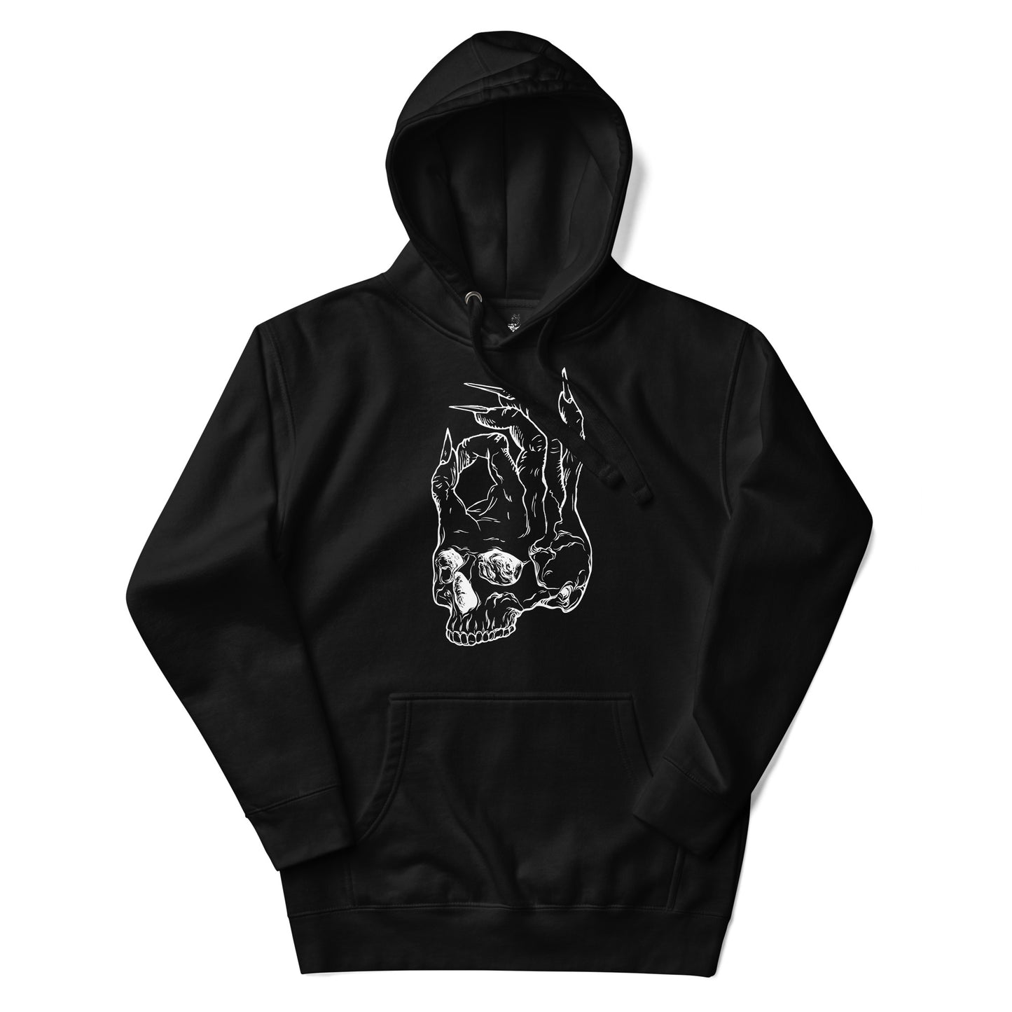 Front view of the Hellbeing skull Logo premium hoodie in black